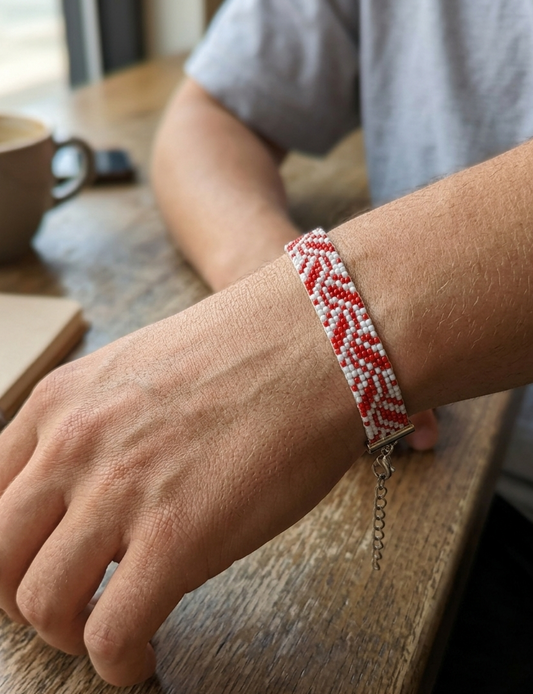 Handmade Red & White Abstract Beaded Bracelet | Unisex Geometric Loomed Jewelry | Adjustable Seed Bead Wristband