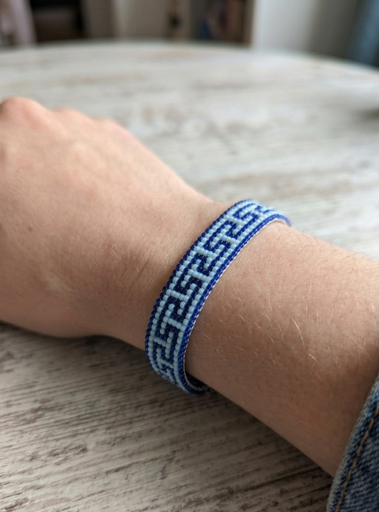 Handcrafted "Greek Key" Seed Bead Loom Bracelet – Navy & Azure Blue