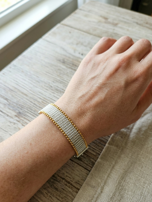 Handcrafted Golden Edge Loom Bracelet | Elegant White & Gold Artisan Bracelet