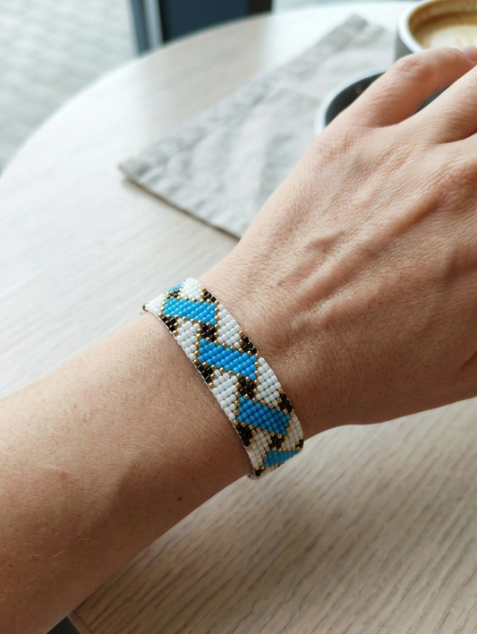 "Aura" Handcrafted Interlocking Blue & Metallic Gold Loom Bracelet