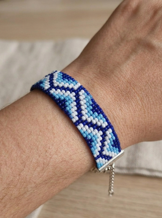 Handmade Blue "Nazar Rakshak" Seed Bead Bracelet – Protective Inspired Geometric Design – Adjustable Boho Wristband for Luck & Style