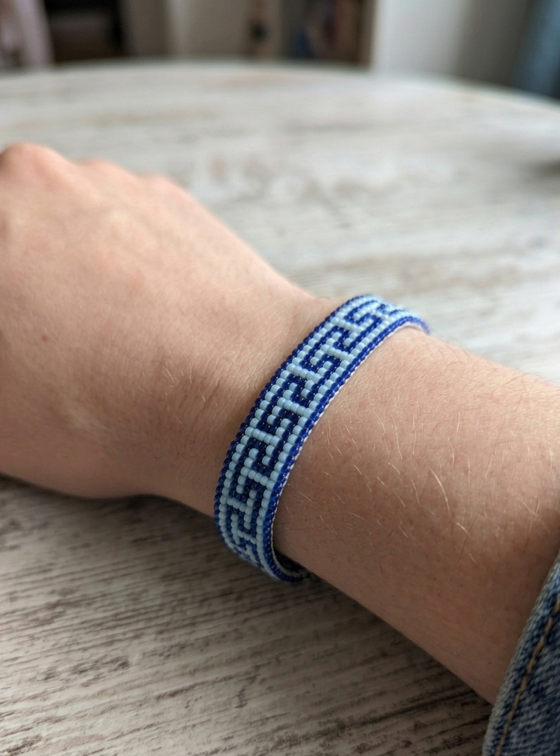 Handcrafted "Greek Key" Seed Bead Loom Bracelet – Navy & Azure Blue