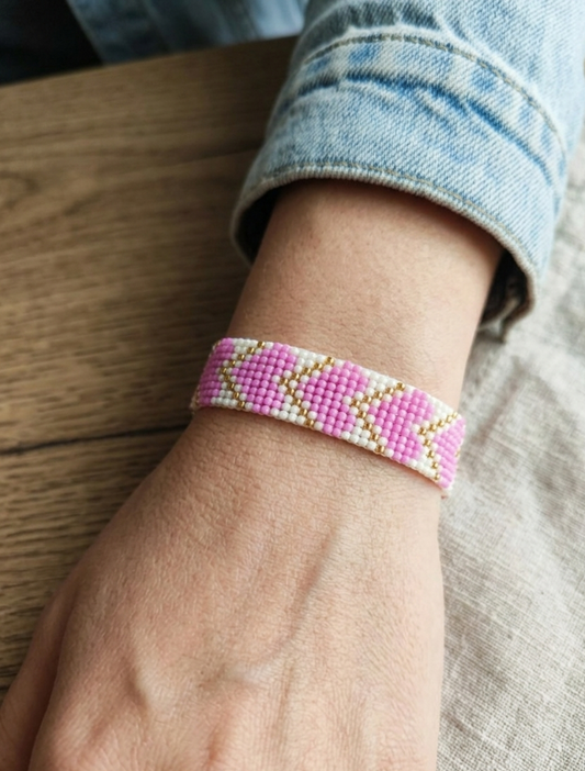 Handcrafted Pink Heart Beaded Bracelet | Gold & White Romantic Loom Jewelry