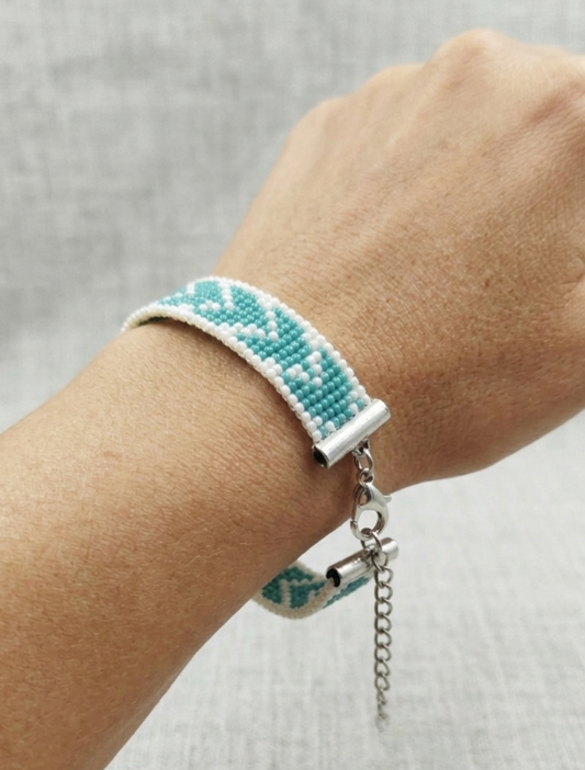 Handmade Teal & White Chevron Beaded Bracelet | Unisex Loomed Seed Bead Jewelry | Adjustable Boho Minimalist Wristband