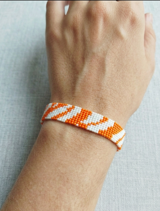 Handmade Orange & White Tiger Stripe Beaded Bracelet | Unisex Geometric Loomed Jewelry | Adjustable Seed Bead Wristband