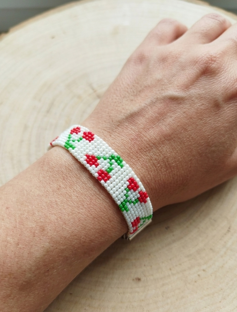 Handcrafted Sweet Cherry Beaded Bracelet | Red & Green Fruit Pattern Loom Bracelet