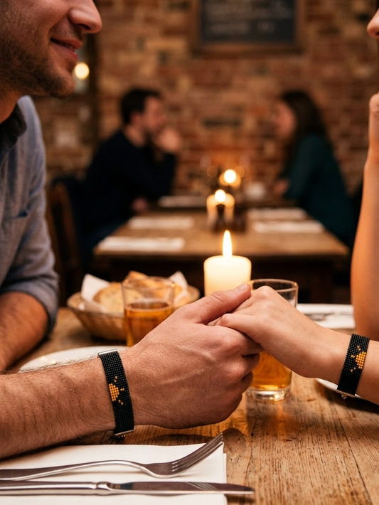 Handmade Couple Beaded Bracelets Set – Matching Sun & Horizon Adjustable Black Seed Bead Wristbands, Romantic Long Distance Relationship Connection Jewelry Gift for couple