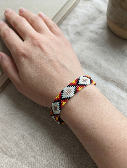 Handcrafted Boho Diamond Loom Bracelet | Red & Gold Geometric Beaded Bracelet