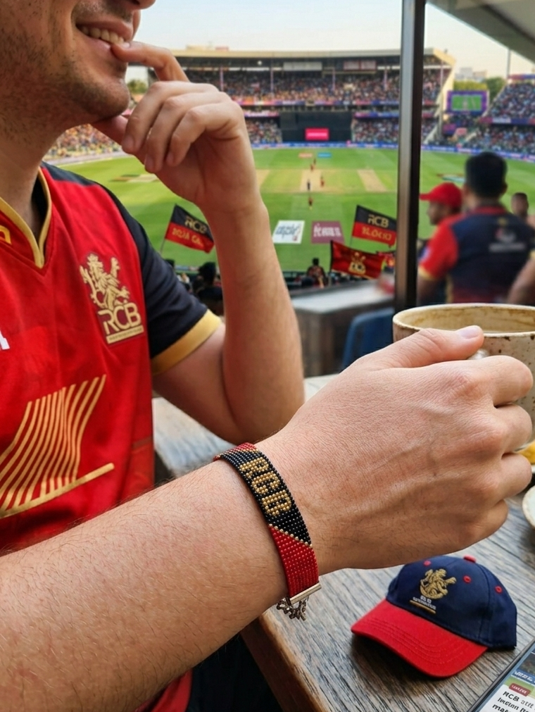 Handmade RCB Cricket Fan Beaded Bracelet – Adjustable Red, Black & Gold Seed Bead Team Wristband, Royal Challengers Bengaluru Fan Merchandise Gift for Men, Women, Teens