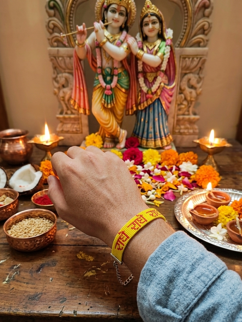 Hand-Loomed "Radhe Radhe" Beaded Bracelet