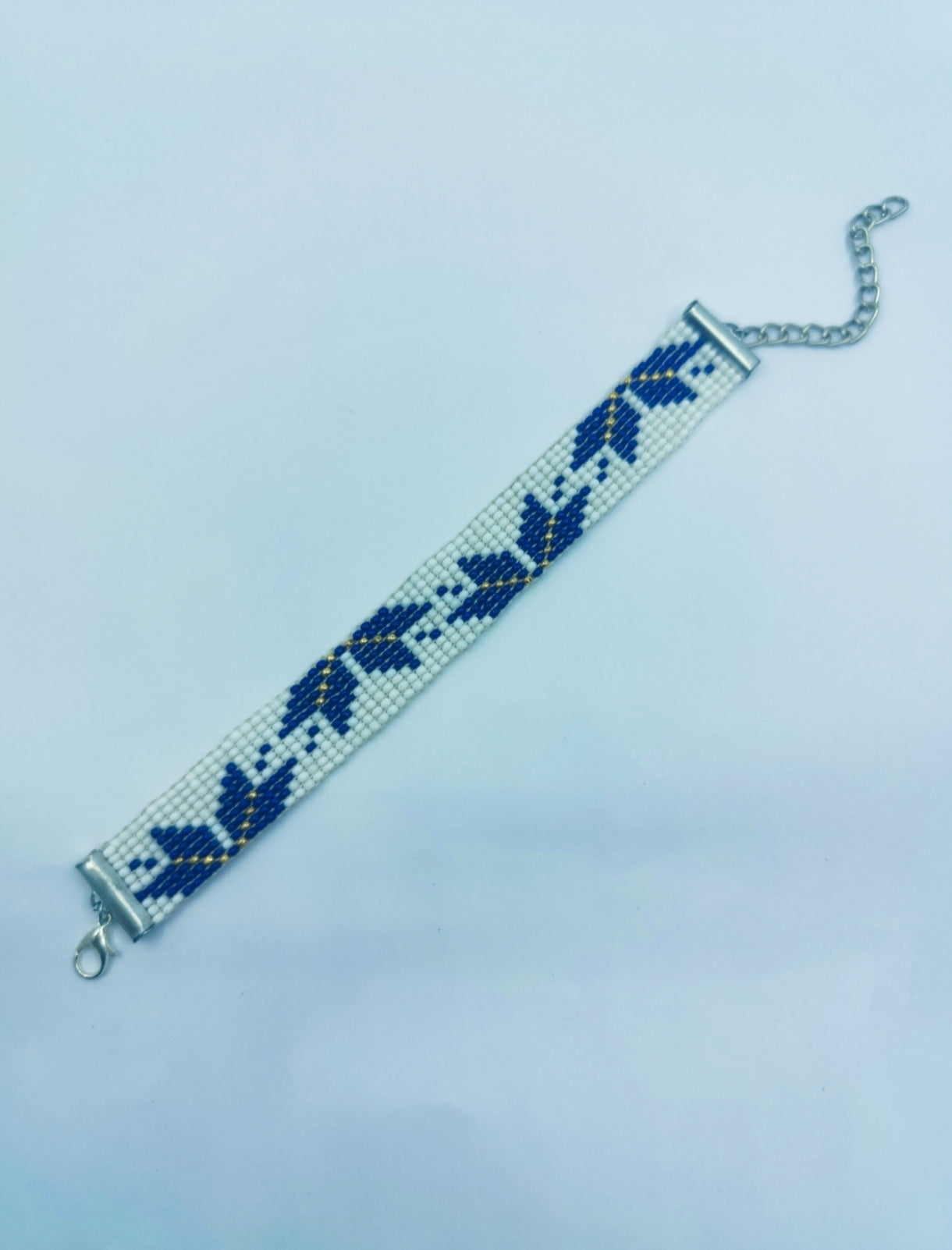 Handmade Blue Leaf Artisan Loom-Beaded Bracelet | Adjustable Silver Clasp