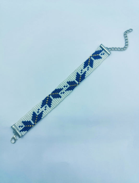 Handmade Blue Leaf Artisan Loom-Beaded Bracelet | Adjustable Silver Clasp