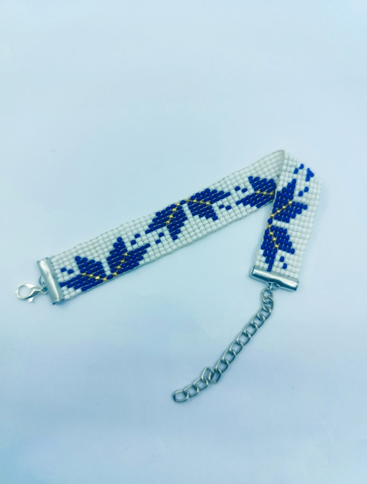 Handmade Blue Leaf Artisan Loom-Beaded Bracelet | Adjustable Silver Clasp