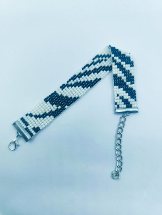 Handcrafted Black & White Geometric Beaded Bracelet | Modern Diagonal Loom Bracelet