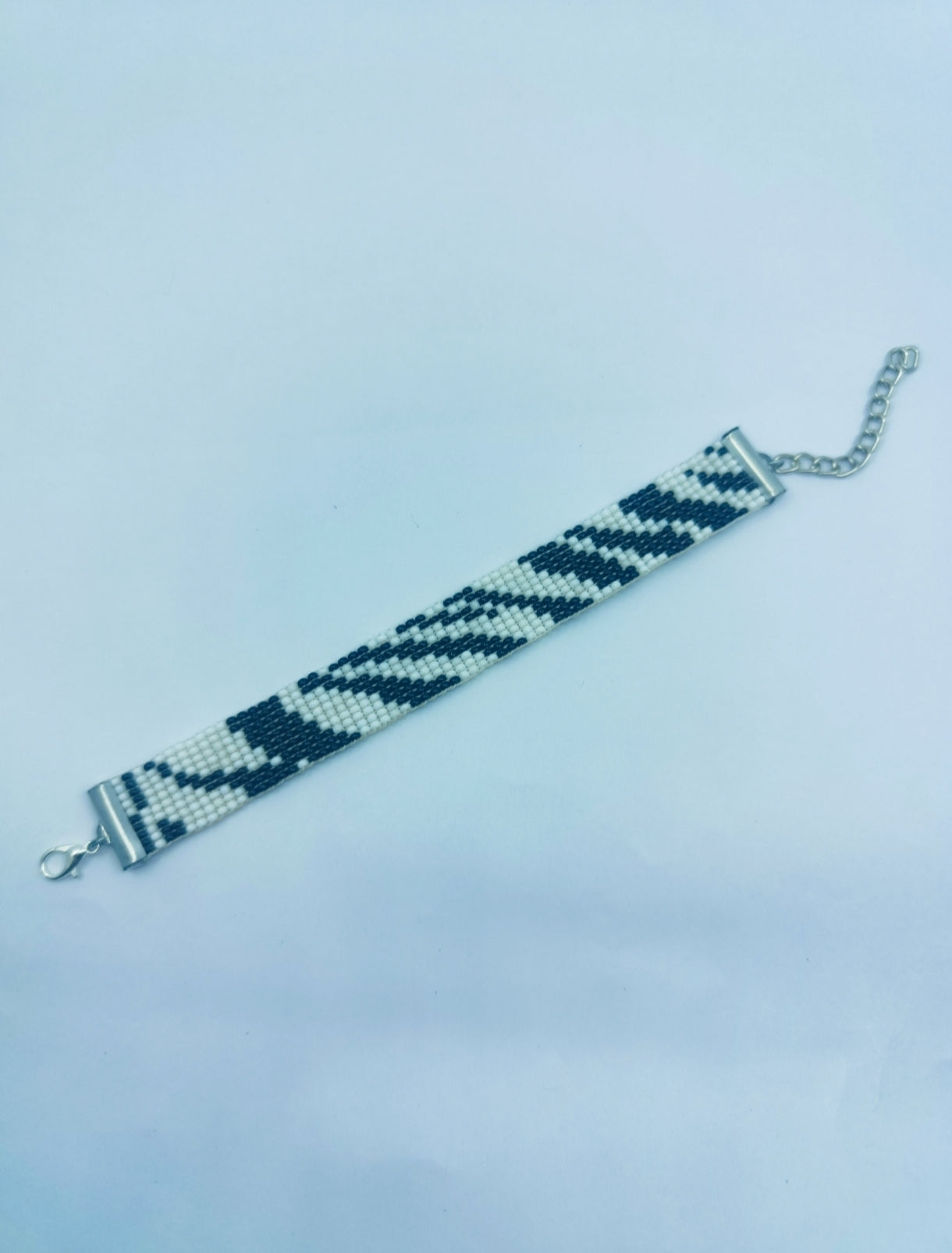 Handcrafted Black & White Geometric Beaded Bracelet | Modern Diagonal Loom Bracelet