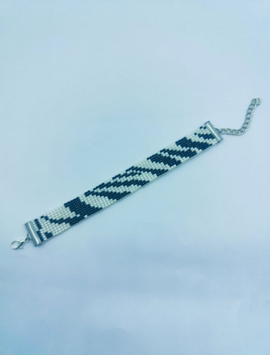 Handcrafted Black & White Geometric Beaded Bracelet | Modern Diagonal Loom Bracelet