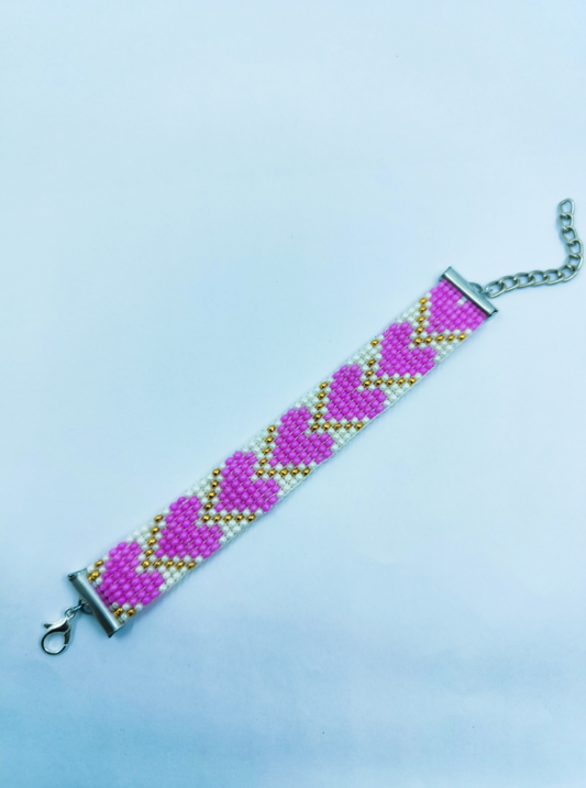 Handcrafted Pink Heart Beaded Bracelet | Gold & White Romantic Loom Jewelry
