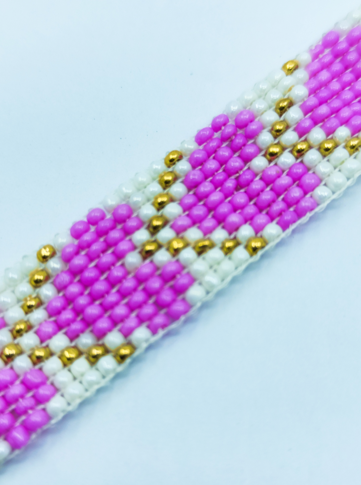 Handcrafted Pink Heart Beaded Bracelet | Gold & White Romantic Loom Jewelry