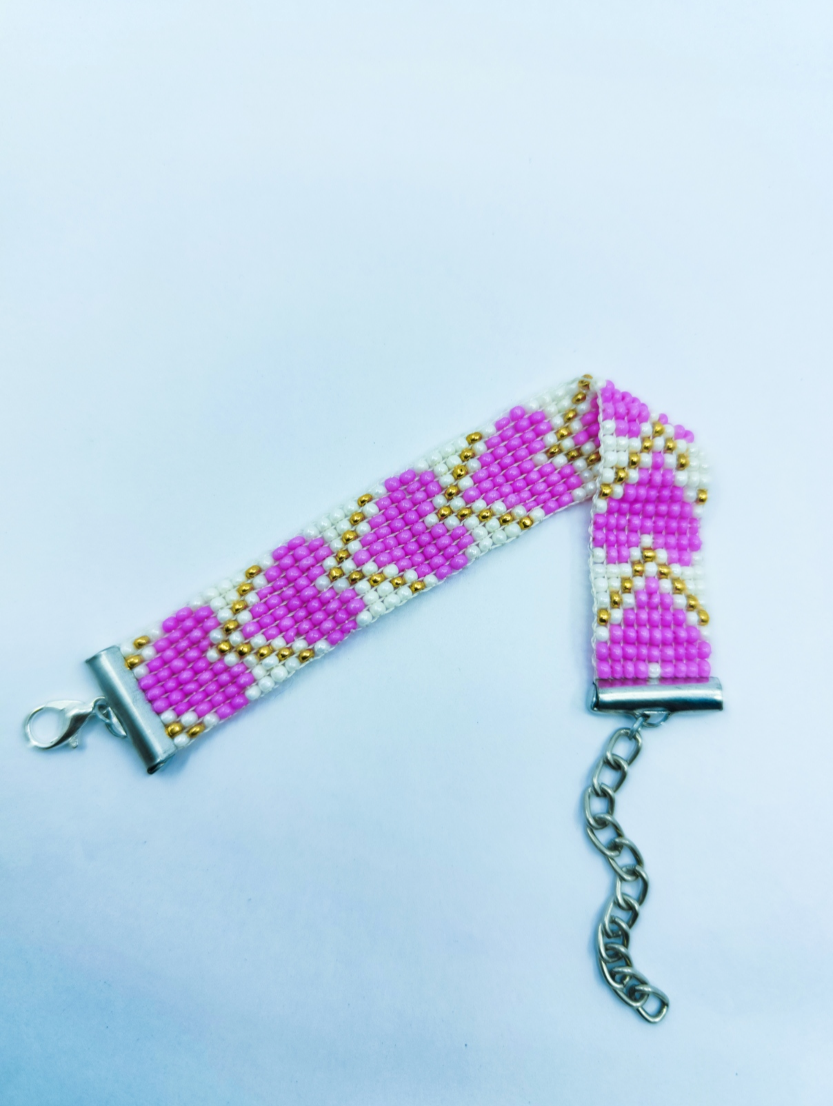 Handcrafted Pink Heart Beaded Bracelet | Gold & White Romantic Loom Jewelry