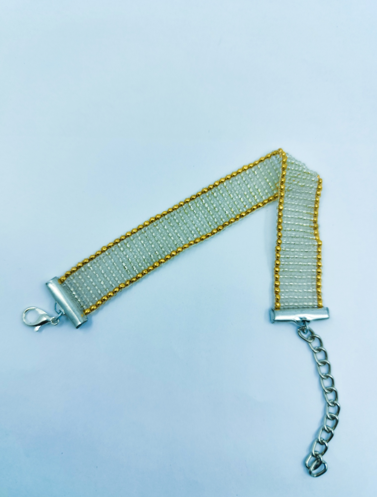 Handcrafted Golden Edge Loom Bracelet | Elegant White & Gold Artisan Bracelet