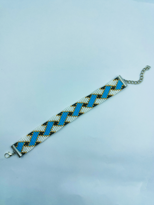 "Aura" Handcrafted Interlocking Blue & Metallic Gold Loom Bracelet