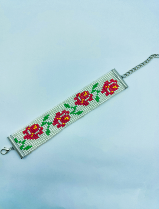 Handcrafted Rose Vine Beaded Wristband – Red, Green & White