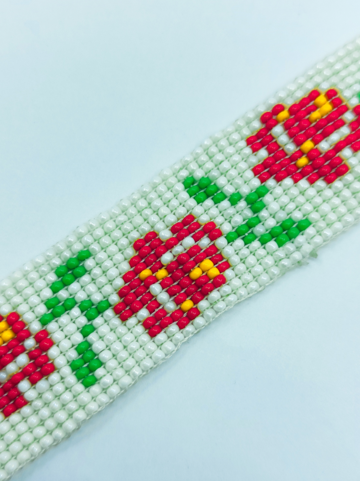 Handcrafted Rose Vine Beaded Wristband – Red, Green & White