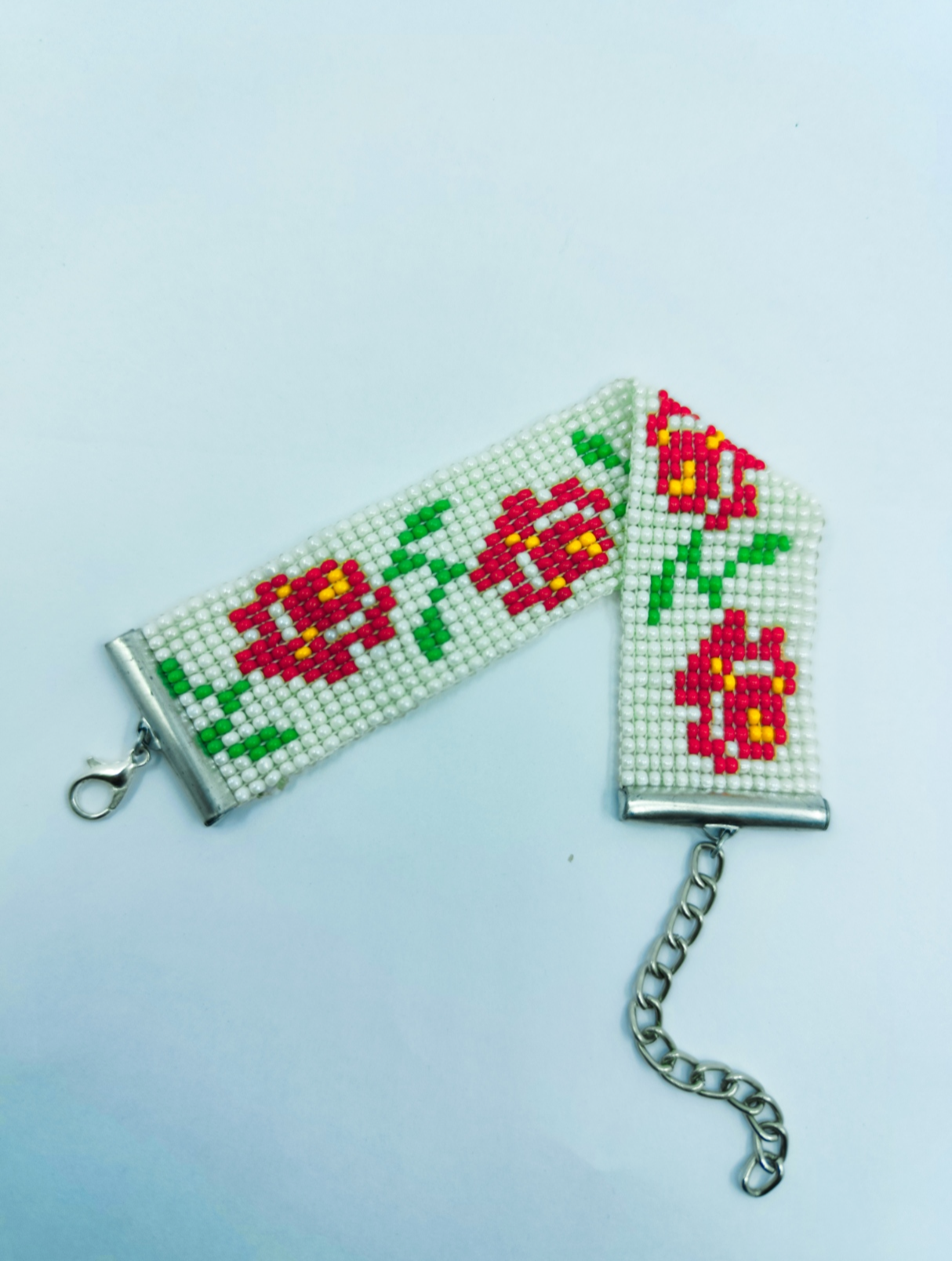 Handcrafted Rose Vine Beaded Wristband – Red, Green & White