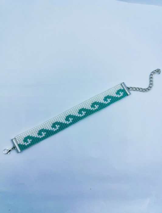 Ocean Wave Beaded Bracelet – Teal & White Surf Style