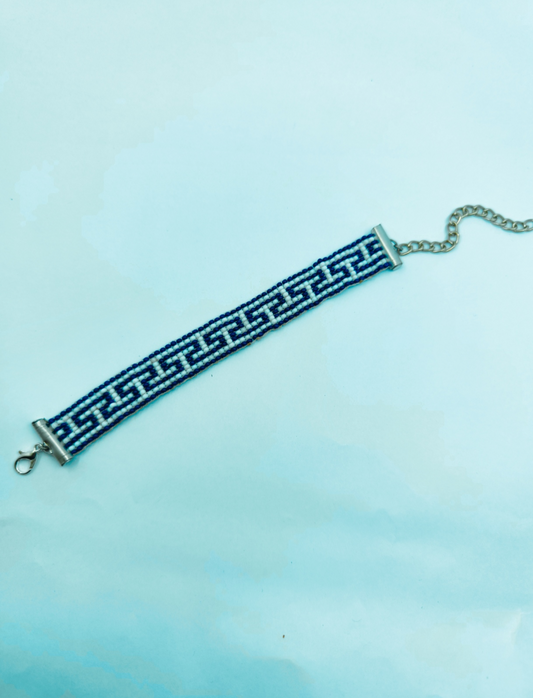 Handcrafted "Greek Key" Seed Bead Loom Bracelet – Navy & Azure Blue