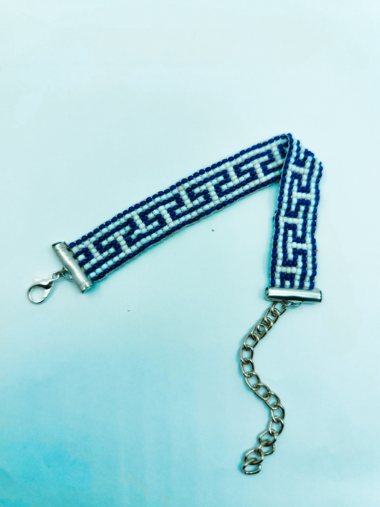 Handcrafted "Greek Key" Seed Bead Loom Bracelet – Navy & Azure Blue