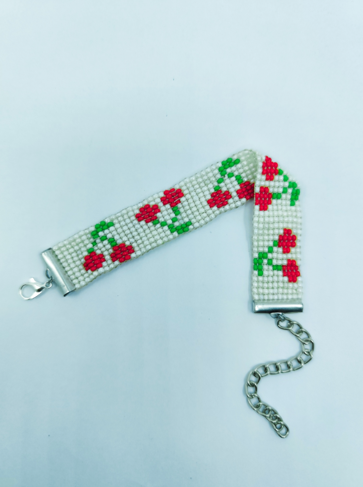 Handcrafted Sweet Cherry Beaded Bracelet | Red & Green Fruit Pattern Loom Bracelet