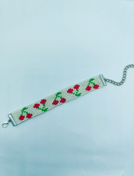 Handcrafted Sweet Cherry Beaded Bracelet | Red & Green Fruit Pattern Loom Bracelet