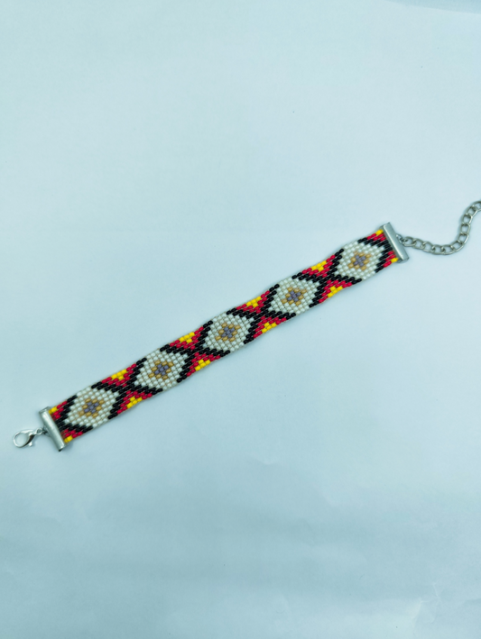 Handcrafted Boho Diamond Loom Bracelet | Red & Gold Geometric Beaded Bracelet