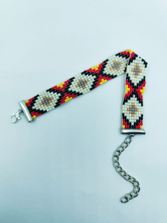 Handcrafted Boho Diamond Loom Bracelet | Red & Gold Geometric Beaded Bracelet