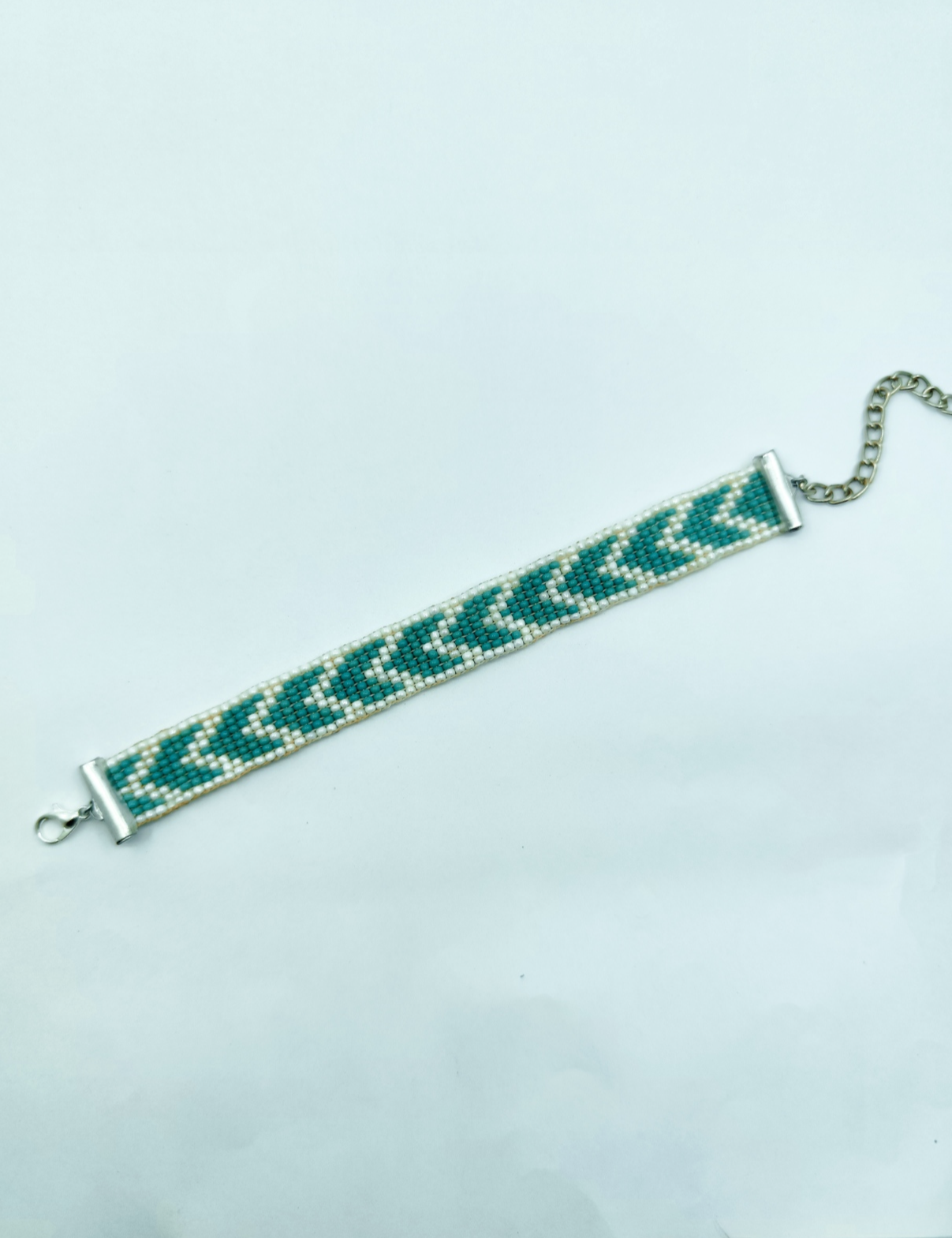 Handmade Teal & White Chevron Beaded Bracelet | Unisex Loomed Seed Bead Jewelry | Adjustable Boho Minimalist Wristband