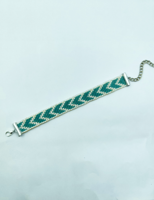 Handmade Teal & White Chevron Beaded Bracelet | Unisex Loomed Seed Bead Jewelry | Adjustable Boho Minimalist Wristband