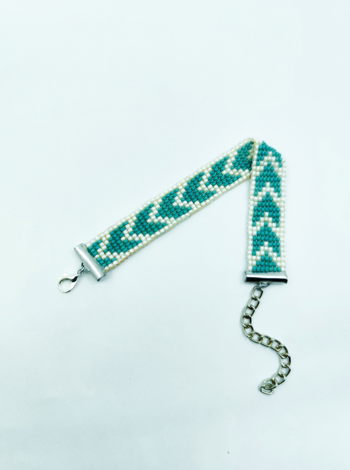 Handmade Teal & White Chevron Beaded Bracelet | Unisex Loomed Seed Bead Jewelry | Adjustable Boho Minimalist Wristband