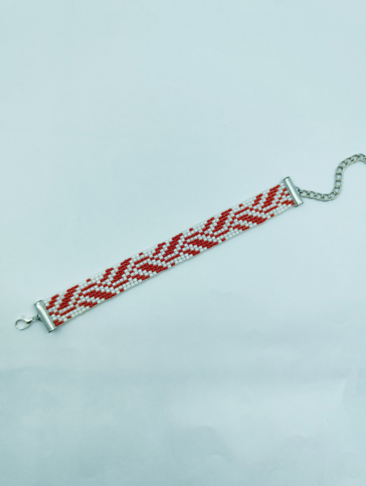 Handmade Red & White Abstract Beaded Bracelet | Unisex Geometric Loomed Jewelry | Adjustable Seed Bead Wristband