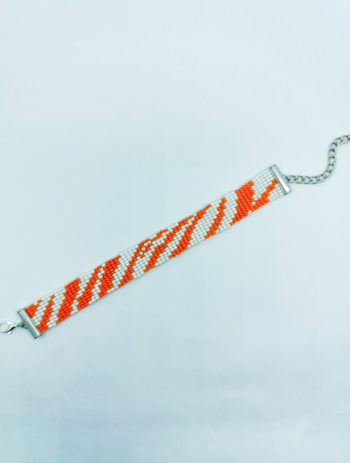 Handmade Orange & White Tiger Stripe Beaded Bracelet | Unisex Geometric Loomed Jewelry | Adjustable Seed Bead Wristband