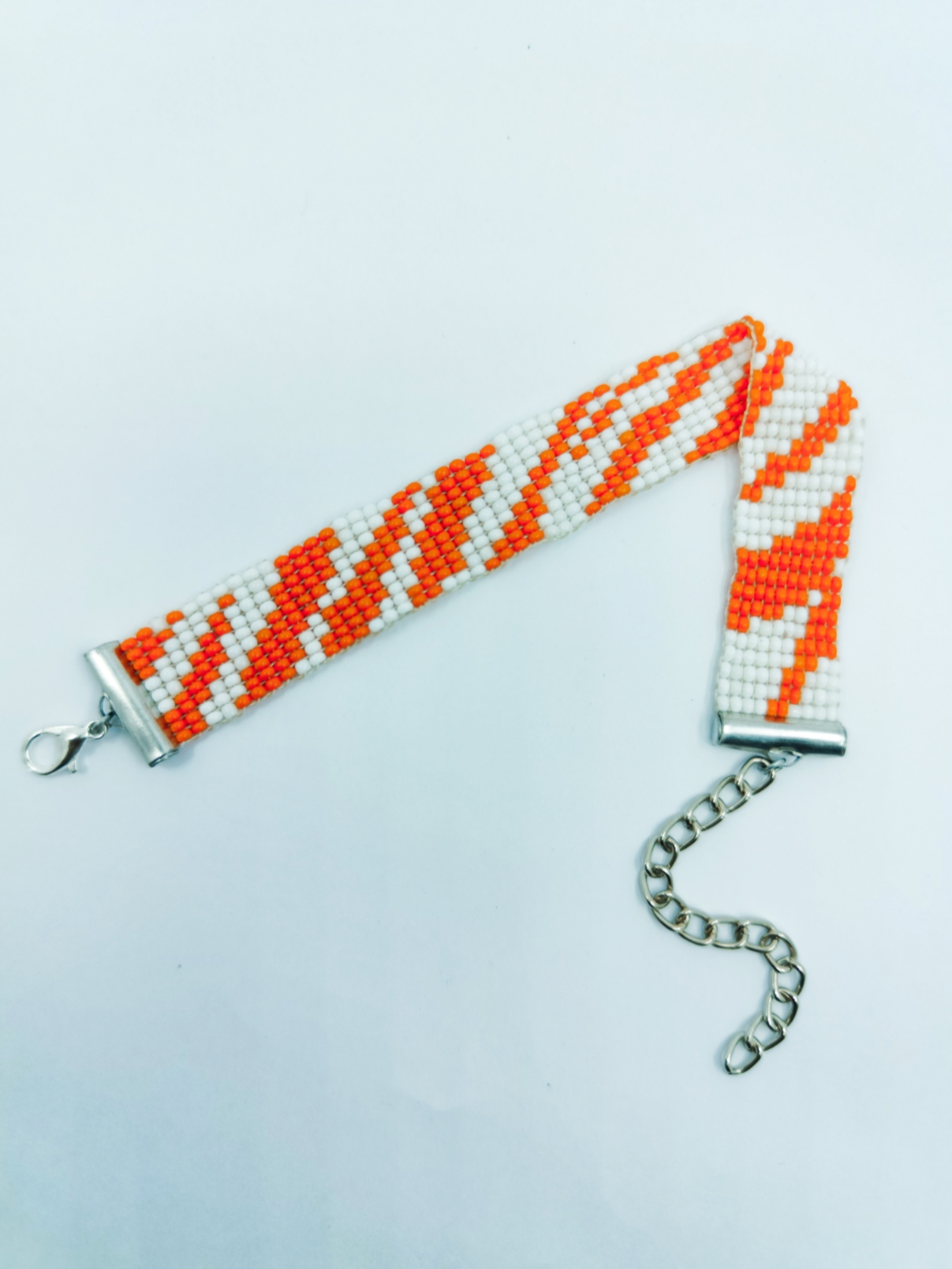 Handmade Orange & White Tiger Stripe Beaded Bracelet | Unisex Geometric Loomed Jewelry | Adjustable Seed Bead Wristband