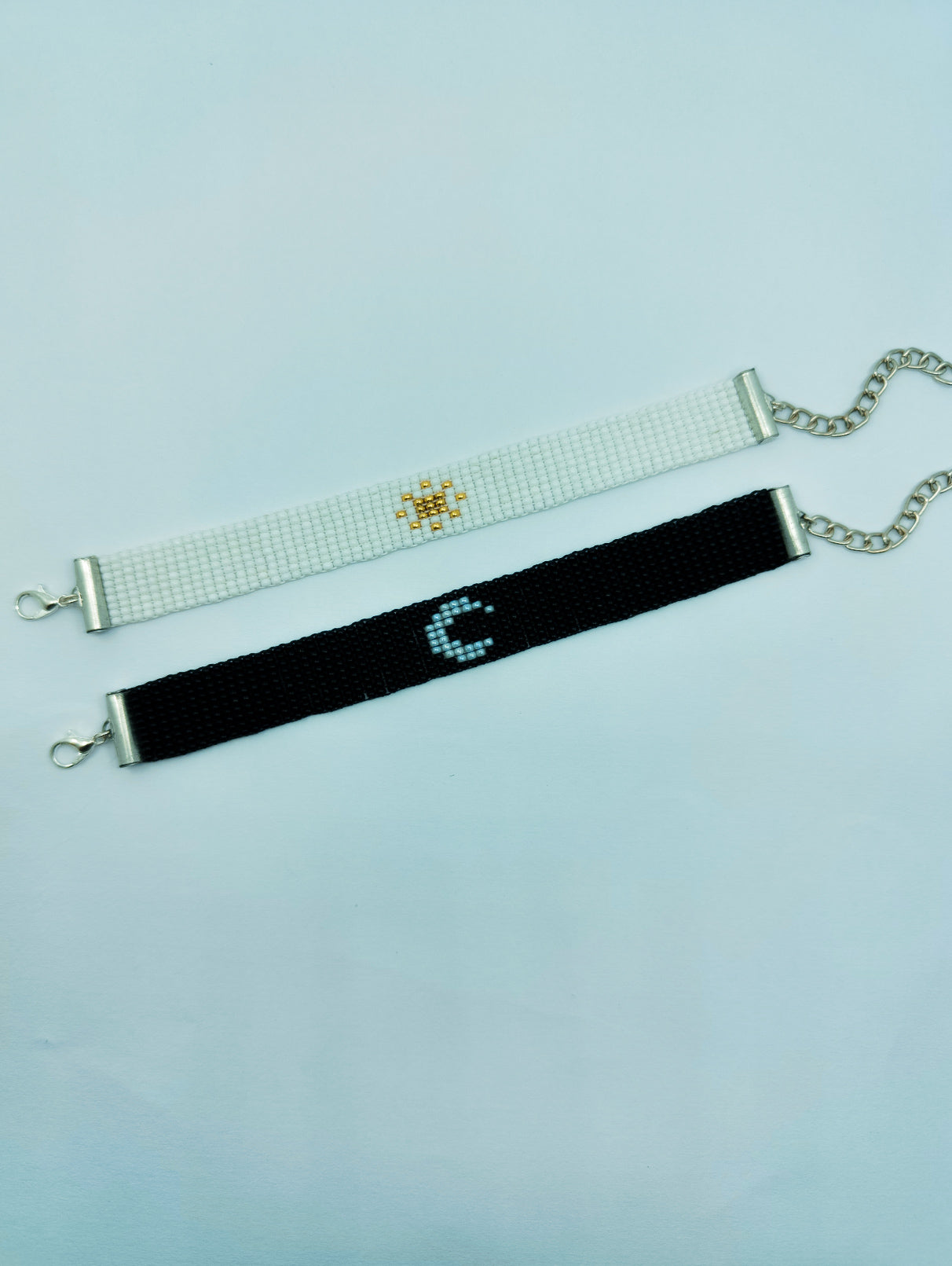 Handmade Couple Bracelets - Loom Woven Seed Bead Star and Moon Matching Wrist Bands for couple, Pack of 2 (Black & White)