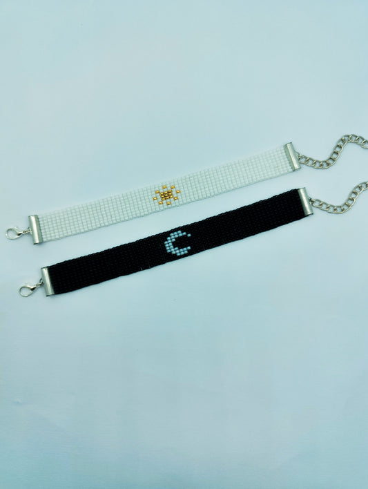 Handmade Couple Bracelets - Loom Woven Seed Bead Star and Moon Matching Wrist Bands for couple, Pack of 2 (Black & White)